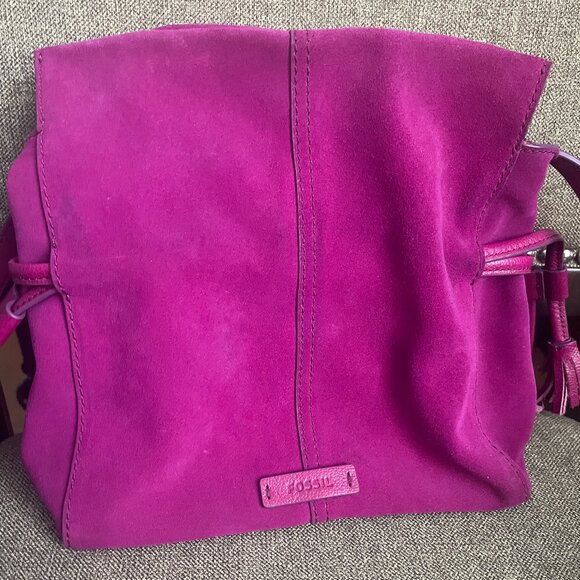 Fossil Fuschia Suede Snap Closure Adjustable Crossbody Bag w/ Tassels - Picture 1 of 9